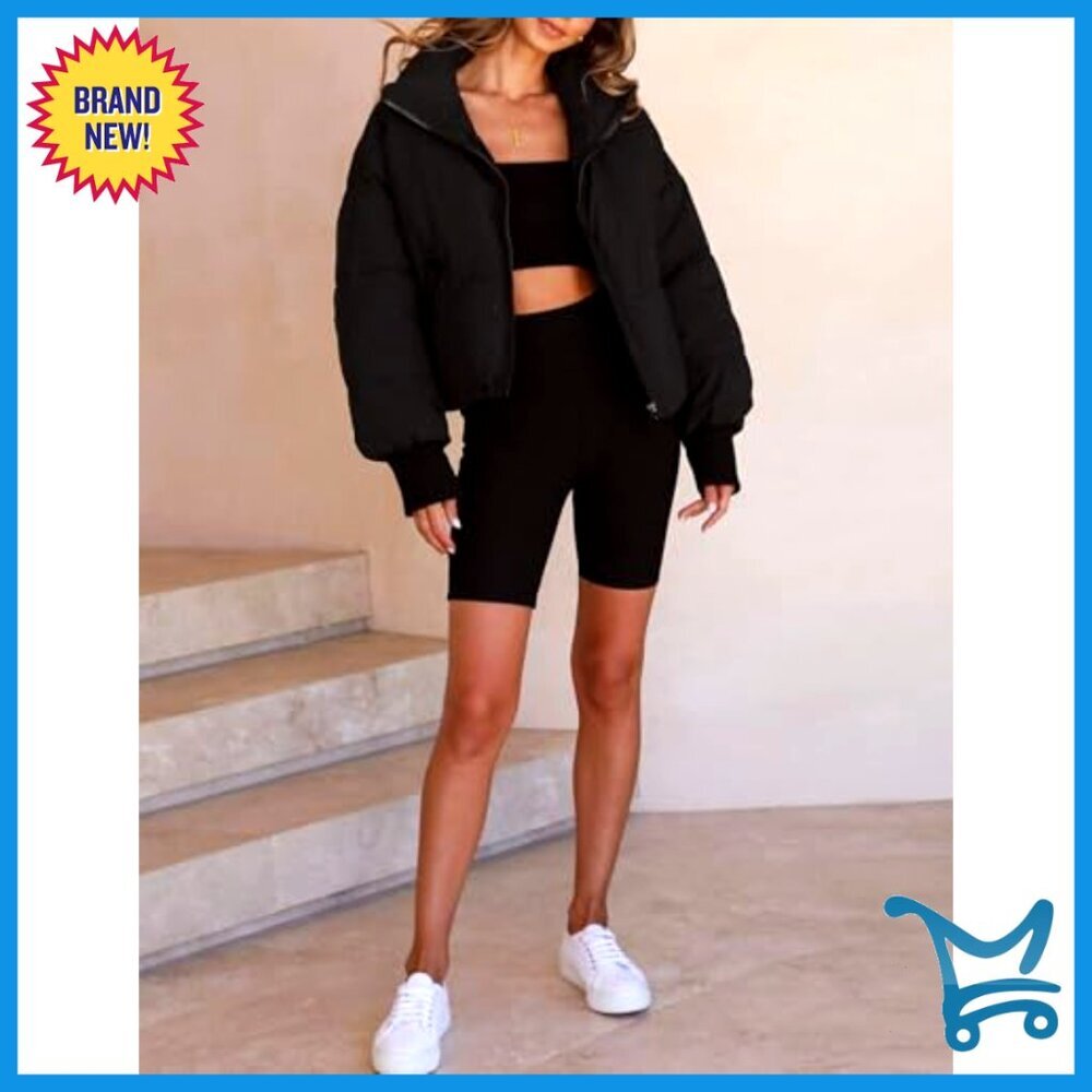 Cropped Puffer Jacket Quilted Lightweight Winter Coat Chic Warm Outerwear - Picture 5 of 7